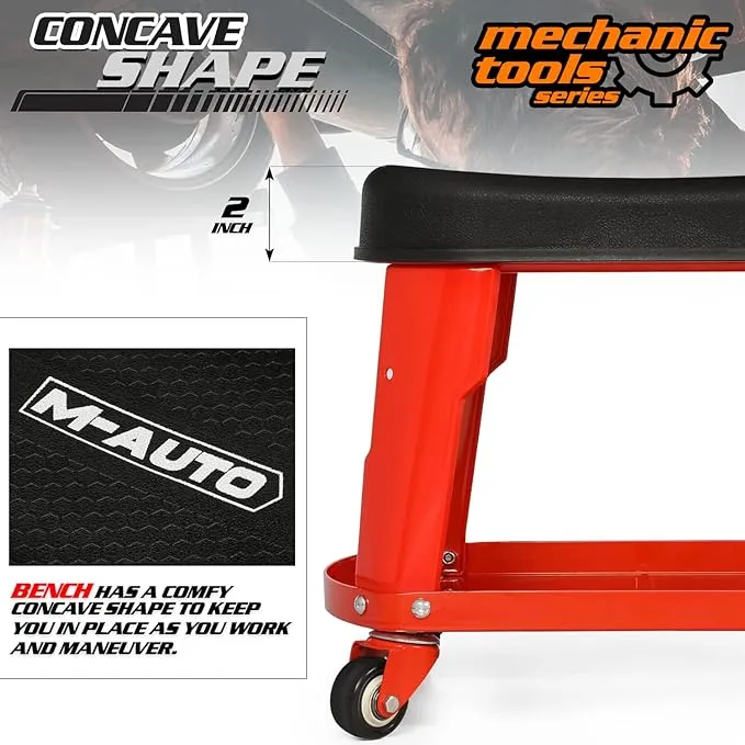 M-AUTO Heavy Duty Garage Rolling Work Seat 300LBS Capacity Mechanics Stool with Wheels, Rolling Work Seat with Equipment Tray and Tool Rack, Rectangle Seat Mechanic Roll Chair, Red