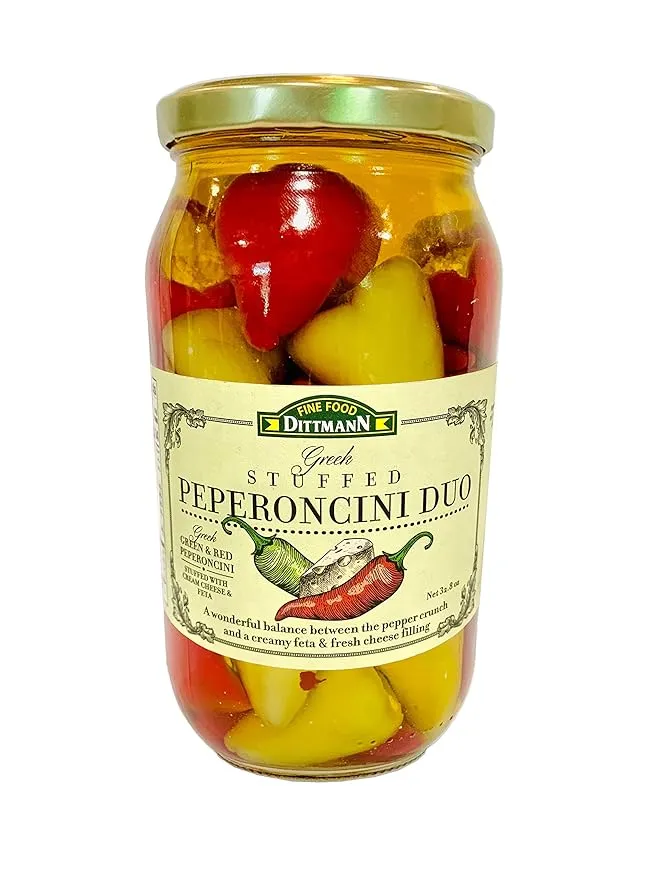 Fine Food Dittmann Greek Stuffed Peperoncini Duo - Greek Green and Red Peperoncini Stuffed with Cream Cheese and Feta 32.80oz