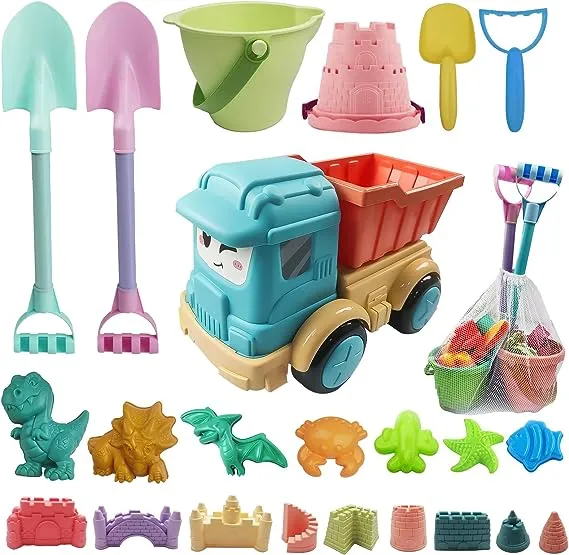 IOKUKI Long Shovels Sand Toys Set with Mesh Bag Including Dump Truck, Beach Buckets, Shovels, Rakes, Molds, Outdoor Beach Toys T