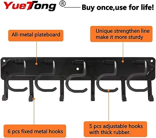 YueTong 68" All Metal Garden Tool Organizer,Adjustable Garage Wall Organizers and Storage,Heavy Duty Wall Mount Holder with Hooks for Broom,Rake,Mop,Shovel(4 Pack)