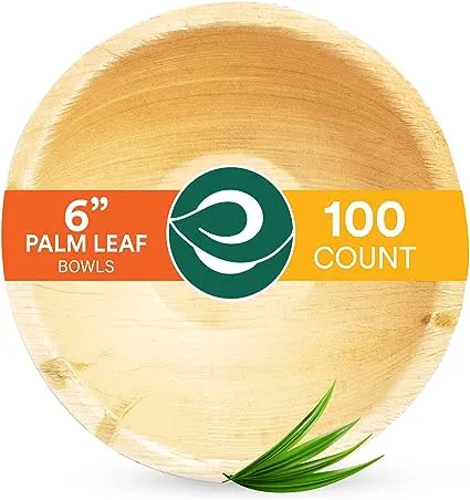 Eco Soul 100% Compostable 6 inch 16 oz Palm Leaf Bowls, 100 Counts | Heavy Duty Bamboo Disposable Bowls | Eco-Friendly Biodegradable Bowls