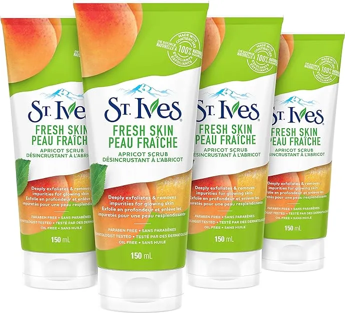 St. Ives Fresh Skin Face Scrub For Healthy Skin Apricot Exfoliating Face Wash With 100 percent Natural Exfoliants, 6 Ounce (Pack of 4)St. Ives Fresh Skin Face Scrub For Healthy Skin Apricot Exfoliating Face Wash With 100 percent Natural Exfoliants, 6 Oun