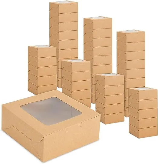 50 Pack 6x6 Dessert Boxes with Window, Bulk Bakery Containers for Cookies, Cupcakes (Kraft Paper)