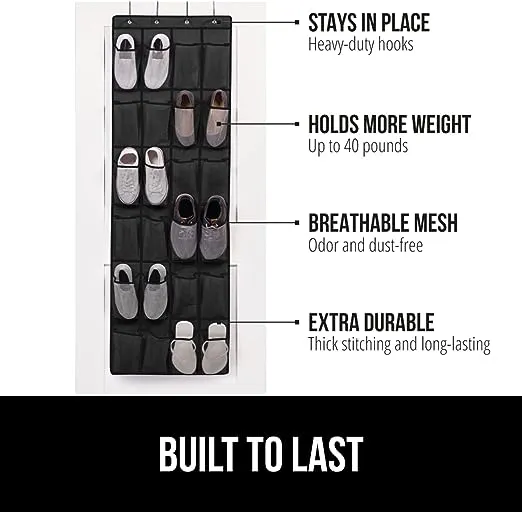Gorilla Grip Over the Door Shoe Organizer, 2 Pack, 24 Breathable Mesh Pockets, Space Saving Hanging Storage Holder, Closet Rack Hanger Holds Up to 40 lbs, Hangs on Closets, Shoes, Accessories, Black