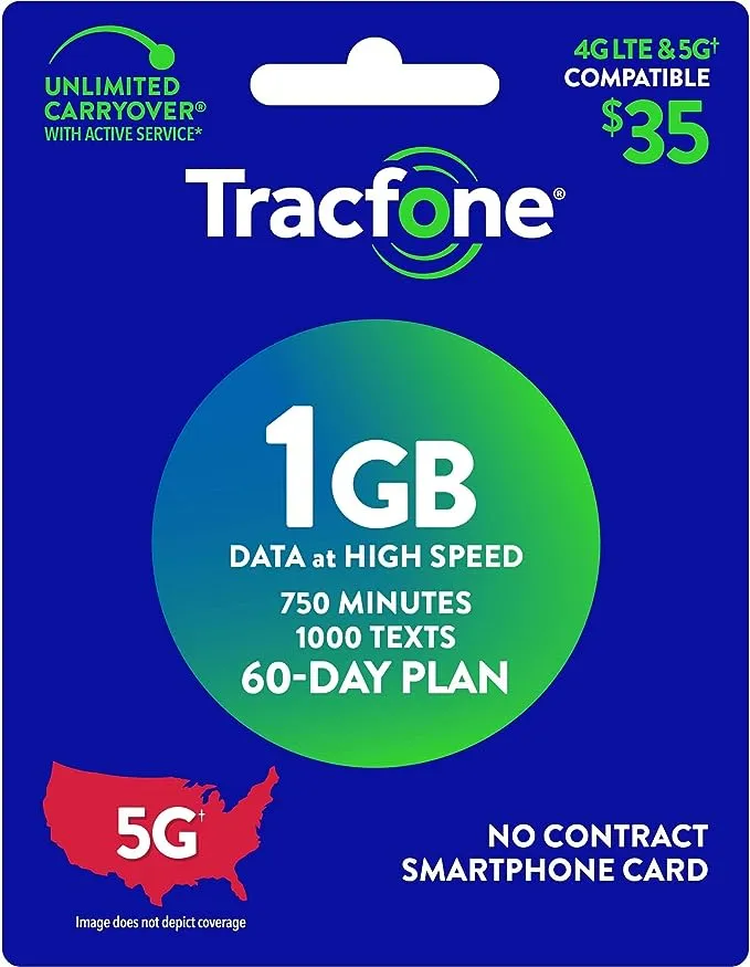 Tracfone $35, 750 Min, 1000 text, 1 GB Data 60–Day Plan Physical Delivery