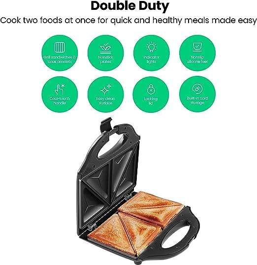 Chefman Portable Sandwich Maker, Compact, Nonstick, Electric Omelet Maker, Panini Press, Pocket Sandwich Press, and Quesadilla Maker, with Indicator Lights, Locking Lid, and Cord Storage