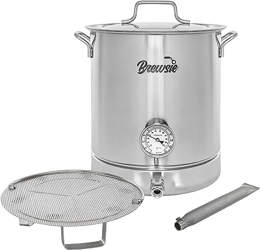 BREWSIE Stainless Steel Home Brew Kettle w/Dual Filtration. Equip with False Bottom Thermometer and Ball Valve for Brewing (16 Gal/ 64 QT)…