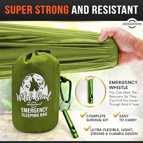 Ironstripe Bivy Sack Emergency Sleeping Bag – XL Waterproof Survival Sleeping Bag with Emergency Whistle, Built-in Hood & Thermal Mylar – Tear & Puncture-Resistant Emergency Bivy Bag