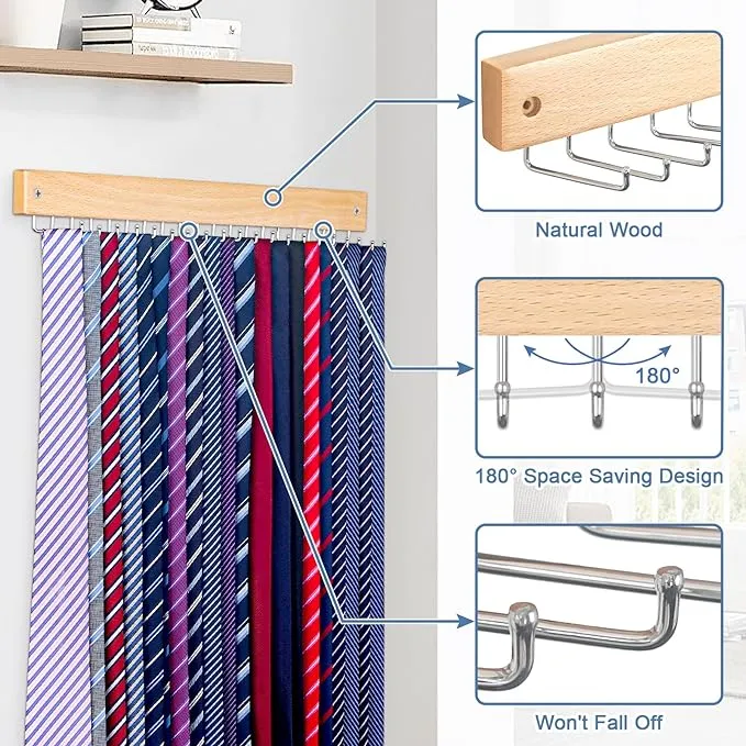 Tie Rack Wall Mounted, Natrual Wood Tie Organizer Holds 20 Ties/Belt/Purse, Tie and Belt Organizer w/ 360° Roatable Hooks,Screw Nail, Ideal for Installation on Wall、Door、Closet, 2 Pack, Natrual