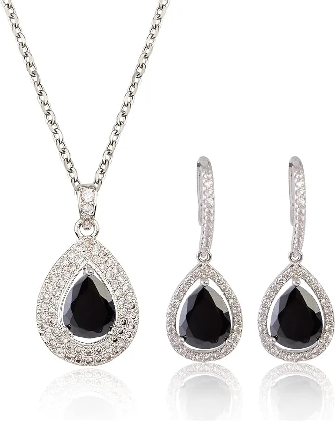 Wedding Bridal Jewelry Set Teardrop Crystal Pendant Necklace &amp; Dangle Earrings 