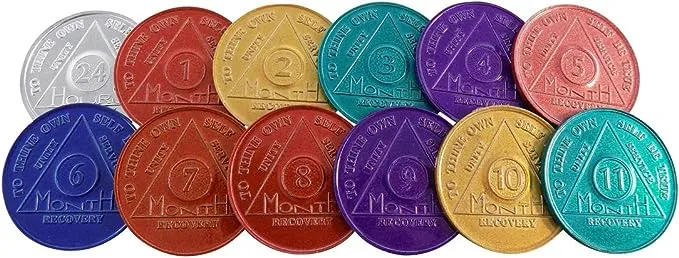 Set of 12 Aluminum AA Medallions Chips 24 Hours Months 1-11 Alcoholics Anonymous