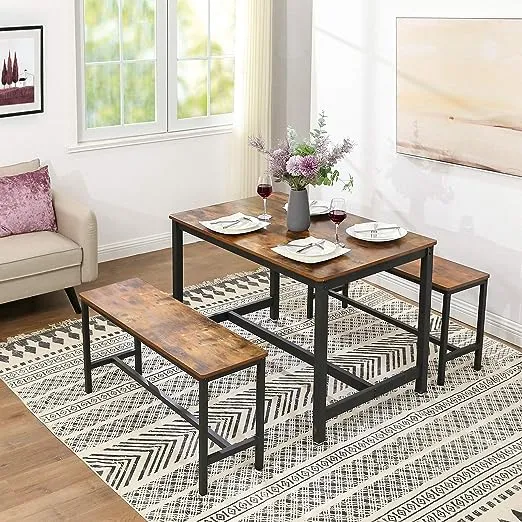 VASAGLE Dining Bench, Pair of 2, Industrial Style, Steel Frame, for Kitchen, Living Room, 12.8 x 42.5 x 19.7 Inches, Rustic Brown + Black,UKTB33X