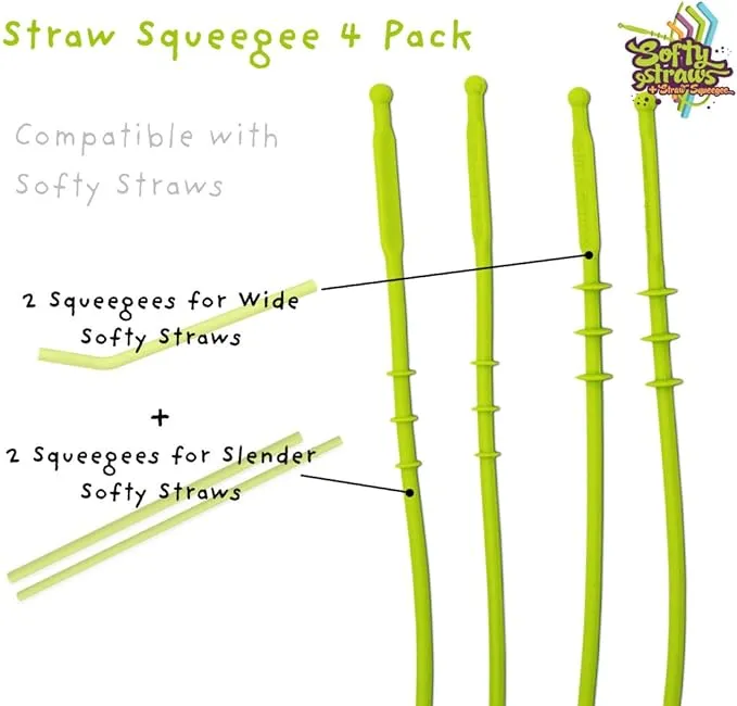 Straw Squeegee Cleaning Tool 4 Pack - (2 Small, 2 Wide) - BPA Dishwasher Safe Straw Silicone Squeegee Brush Designed to Clean Reusable Softy Straws