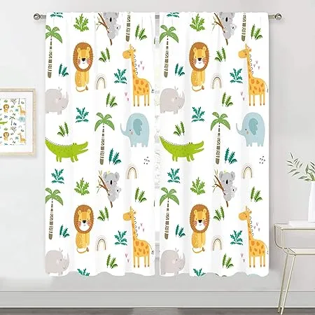 MESHELLY Nursery Safari Animals Curtains 42 (W) x 63(H) inch Rod Pocket Baby Boy Kids Woodland Jungle Forest Lion Elephant Print