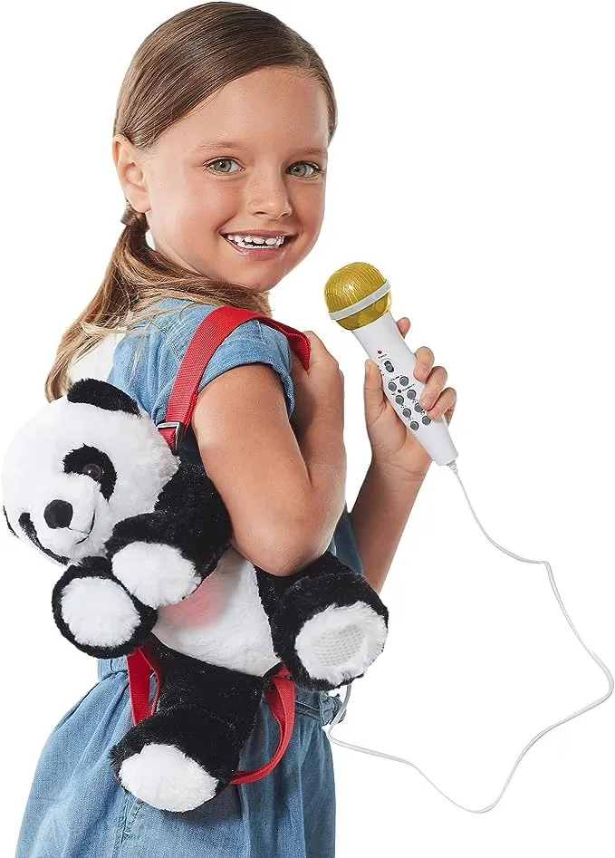 Singing Machine Portable Karaoke Machine for Kids, Plush Toy Backpack with Microphone - The Sing Along Crew, Big Pand (Black & White) - Built-In Karaoke Speaker with Songs, Sound Effects, & Recorder