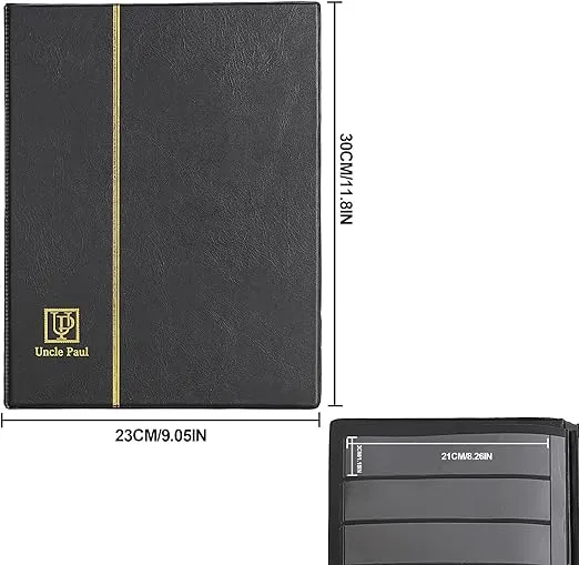 Stamp Albums 160 Pockets - Stockbooks with 30x197mm Sleeves, 10 Double Sided Black Page with Leatherette Padded Black Cover, Collection Storage Folder for Paper Money Postage Stamps AS0108BK