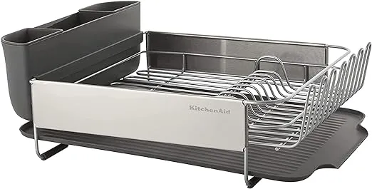 KitchenAid Large Capacity, Fully Size Self Draining Rust Resistatant Satin Coated Dish Rack with Removable Flatware Caddy 20.47-Inch, Gray