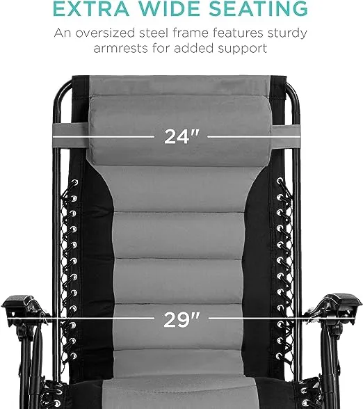 Best Choice Products Oversized Padded Zero Gravity Chair, Folding Outdoor Patio Recliner, XL Anti Gravity Lounger for Backyard w/Headrest, Cup Holder, Side Tray, Polyester Mesh - Black/Gray