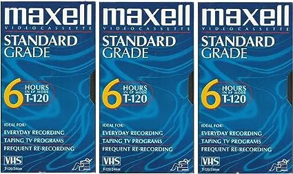 Maxell VHS Blank 3-Pack Standard Grade T-120 6 Hour EP Mode /246m