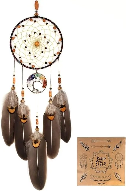 Urdeoms Tree of Life Dream Catchers for Bedroom Adult Brown Boho Dream Catcher Wall Decor for Girls Chakra Crystal Healing Stones Hanging Ornament Room Decoration 18" Length(NO.12)