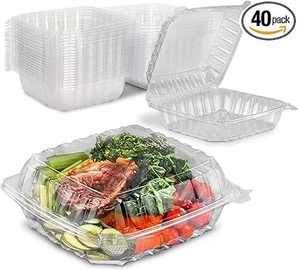 [40 Pack] Clear Hinged Plastic Containers - 8x8x3” Single Compartment Clamshell Take Out Containers for Cake, Pastry, Salad - Disposable Plastic Togo Boxes with Lids for Bakery and Food Business