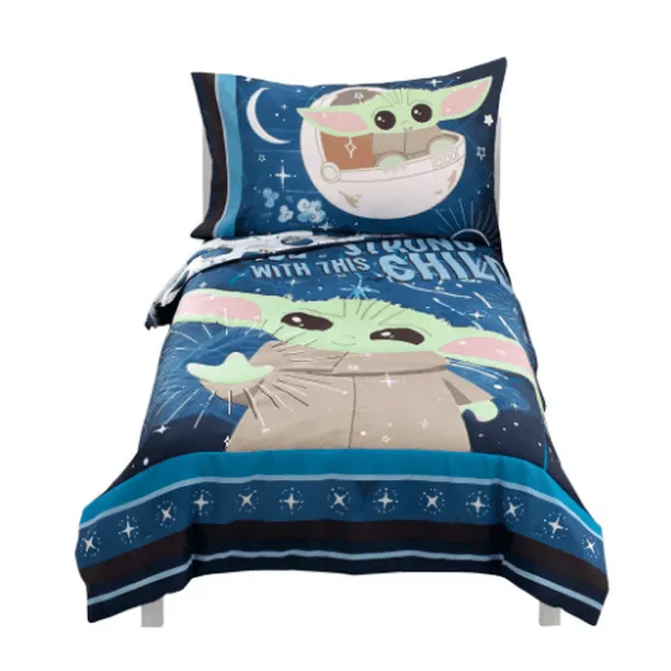 NoJo Star Wars The Child Little Bounty Blue, Green and White Grogu The Force is Strong with This Child 4 Piece Toddler Bed Set Comforter, Fitted Bottom Sheet, Flat Top Sheet and Reversible Pillowcase