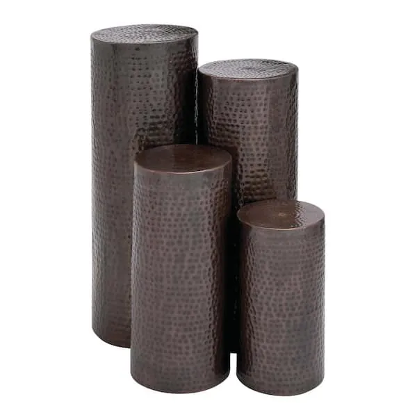 Deco 79 Metal Cylinder Pedestal Table with Hammered Design, Set of 4 36", 32", 24", 18"H, Brown