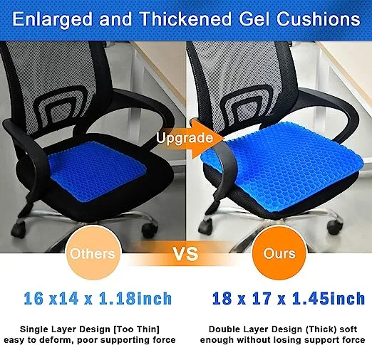 Cooling Gel Seat Cushion, Thick Big Breathable Honeycomb Design Absorbs Pressure Points Seat Cushion with Non-Slip Cover Gel Cushion for Office Chair Home Car seat Cushion for Wheelchair