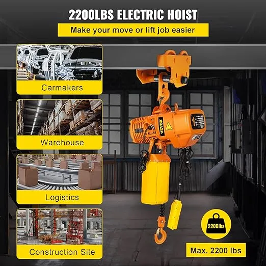 VEVOR 1 Ton Electric Chain Hoist, Single Phase 2200Lbs 10ft Lift Height with Electrical Hook, Mount Chain Hoist G80, Double Chain with Pendant Control 110V for Logistics, Factories and Agriculture