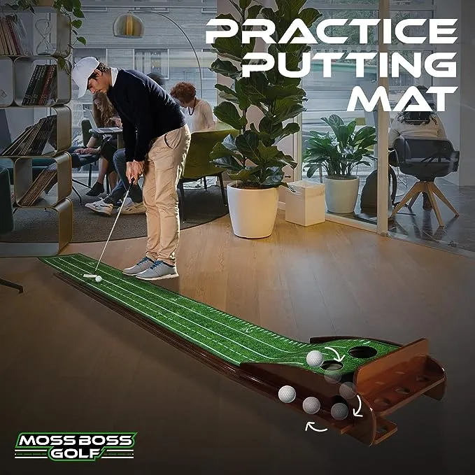 Moss Boss Golf Practice Putting Mat with Putting Mirror or Putting Tutor Aid - Indoor Golf Practice Putting Mat with Automatic Ball Return Track for Mini Games & Practicing at Home or in Office, Includes Putting Mirror, Great Gift for Golf Lovers