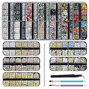 Artdone 12 boxes Nail Rhinestones,Nail Gems Nail Diamonds,Nail Art Studs Nail Crystals Nail Sequins for Nails Kit with 1 Tweezers and 3 Pen for Nail Art Supplies Accessories……