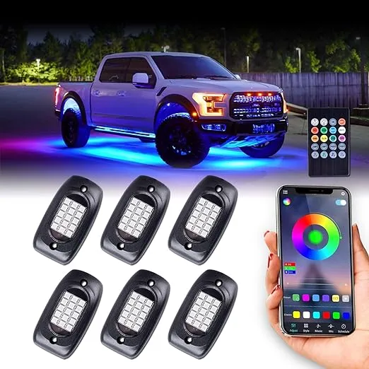 LED Rock Lights 6-Pods RGB Colorful Underglow Kit Neon Undercarriage Light, IP 68 Waterproof, Remote Control with APP Support, Sound Activated Music Mode