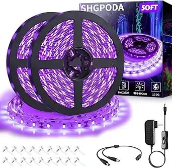 SHGPODA 50ft/15M LED Black Light Strip Kit, 900 Units Lamp Beads, 385nm-400nm, 12V Flexible Blacklight Fixtures, Non-Waterproof Strip Blacklight for Indoor, Birthday, Glow Party, Halloween, Christmas