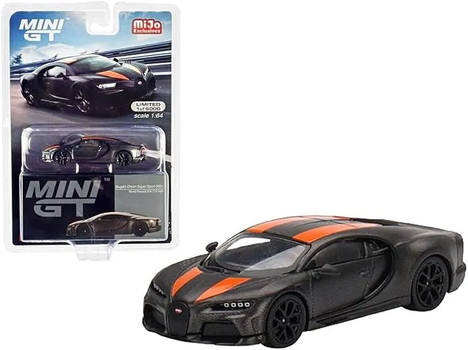 Bugatti Chiron Super Sport 300+ Carbon Gray w/Orange Stripes World Record Ltd Ed to 6000 pcs 1/64 Diecast Model Car by True Scale Miniatures MGT00409