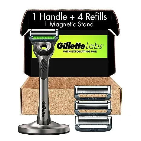 Gillette Labs Razors for Men with Exfoliating Bar, Shaving Kit for Men, Includes 1 Handle, 4 Razor Blade Refills, 1 Premium Magnetic Stand