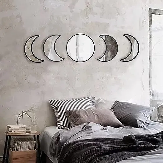 YUBAIHUI Moon Phase Mirror Set, 5pcs Boho Moon Wall Decor for Home Bohemian