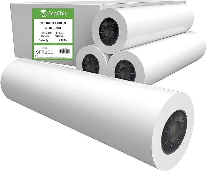 EcoChit 24" x 150' Plotter Paper Rolls 92 Bright 20lb 2" Core, 4 rolls - Every Case Plants Two Trees