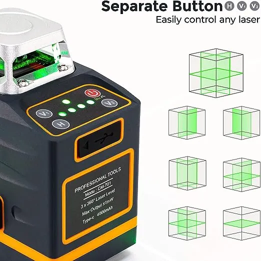 CIGMAN Laser Level Self Leveling 3x360° 3D Green Cross Line for Construction and Picture Hanging, Rechargeable battery, Remote Controller, Magnetic Rotating Stand Included