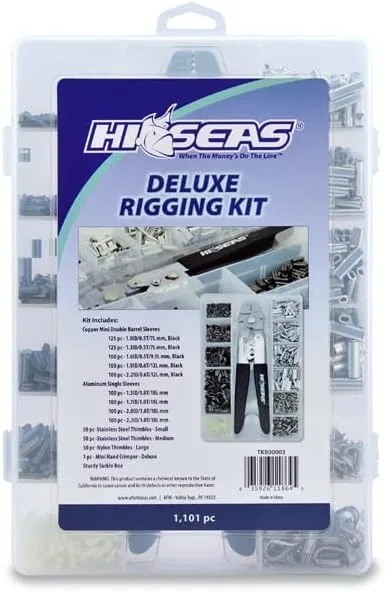 HI-SEAS Deluxe Fishing Rigging Kit - 1,101 Pcs Includes Hand Crimper, Thimbles, Copper Mini Double Barrel Sleeves, Aluminum Sleeves