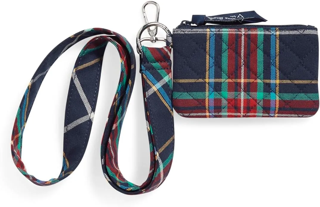 Vera Bradley Women's Cotton Zip ID Case and Wide Lanyard Combo, Tartan Plaid - Recycled Cotton, One Size