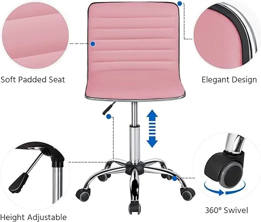 Yaheetech Pink Low Back PU Leather Ribbed Armless Office Chair, Ergonomic Swivel Task Chair with Wheels for Women