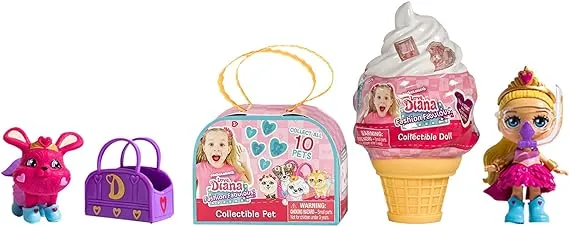 LOVE, DIANA, Kids Diana Show, Fashion Fabulous Collectible Doll and Pet 2-Pack Bundle, Surprise 3.5” Diana Doll in Adorable Ice Cream Cone and Surprise Pet, 10 Different Diana Doll Styles to Collect