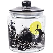 Silver Buffalo Disney Tim Burton Nightmare Before Christmas Moon Hill Graveyard Scene Jack Skellington and Sally Glass Cookie Snack Candy Jar with Lid (Small)