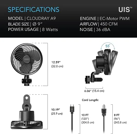 AC Infinity CLOUDRAY A9, Gen 2 Grow Tent Clip Fan 9” with Redesigned Long-Life EC Motor, Custom 10 Dynamic Wind Speeds, Weatherproof IP-44, Manual Swivel, for Hydroponics Circulation Cooling