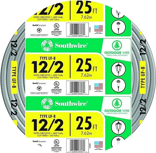 Southwire 13055921 25 ft. 12/2 Gray Solid CU UF-B W/G Wire