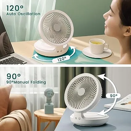 infray USB Desk Fan Rechargeable Portable Oscillating Table Fan with Night Breathing Light, Air Circulator Foldable Quiet Fan Desktop Personal Fan