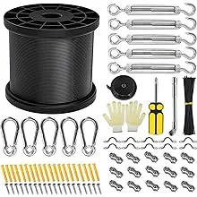 String Light Hanging kit, 250FT Guide Wire for Outdoor String Lights, Vinyl Coated Stainless Steel 304 Wire Rope kit, String Light Wire Hanging Kit Included Enough Turnbuckle and Hooks Accessories