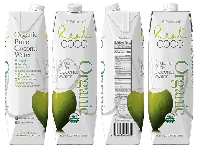 Real Coco Original Coconut Water 500mL, 100% USDA Organic Coconut Water, Packed with Electrolytes, Dairy/Soy Free, Vegan, Plant Based (12-pack, 500L)