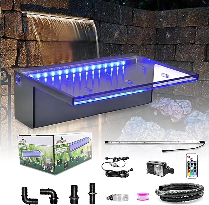 LONGRUN Waterfall Spillway Multi-Color LED Light Outdoor Pool Fountain, Acrylic Water Spillway Koi Pond Waterfalls Fountains Kit for Garden Patio Swimming Pool Koi Ponds Decoration-11.8"