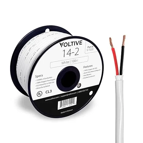 Voltive 14/2 Speaker Wire - 14 AWG/Gauge 2 Conductor - UL Listed in Wall (CL2/CL3) and Outdoor/In Ground (Direct Burial) Rated - Oxygen-Free Copper (OFC) - 100 Foot Spool - WhiteVoltive 14/2 Speaker Wire - 14 AWG/Gauge 2 Conductor - UL Listed in Wall (CL